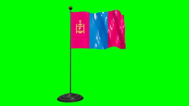 Mongolia flag waving on a flagpole against a vibrant green screen background for compositing