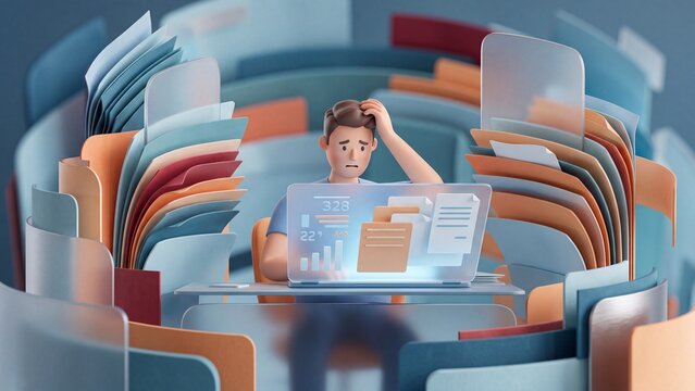 3D character of a stressed man overwhelmed by massive paperwork and bills on laptop screen