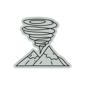 Thunderstorm above mountain landscape doodle illustration sticker