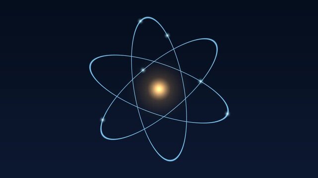 Animated Bohr atomic model with electrons orbiting glowing nucleus, 3D render loop