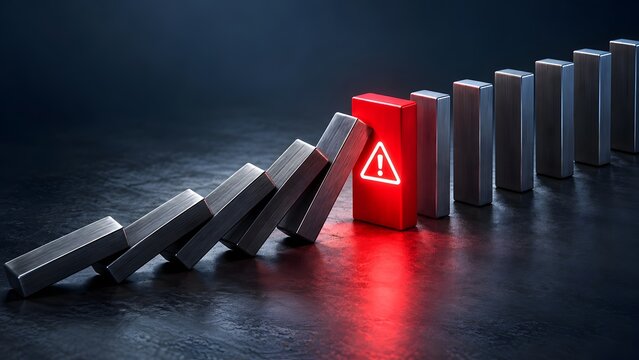 Glowing red warning block interrupting metal domino chain reaction illustrating crisis management and risk prevention strategy