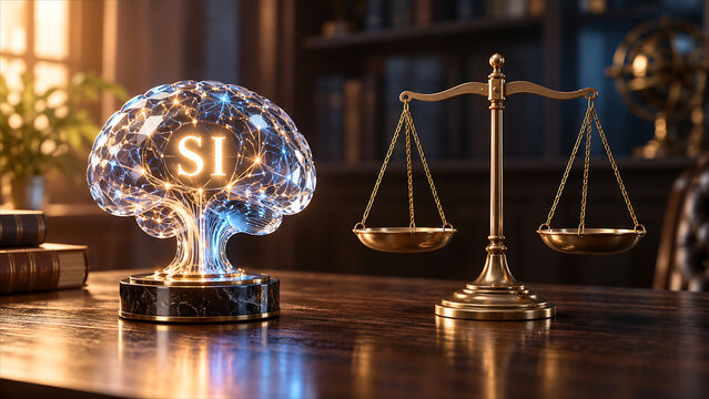 Glowing SI Brain Sculpture Beside a Brass Balance Scale