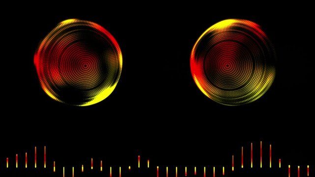 Dynamic audio spectrum display with looping music equalizer, glowing particle circles and dynamic sound spectrum bars on black background for seamless audio visualizer, music track presentation