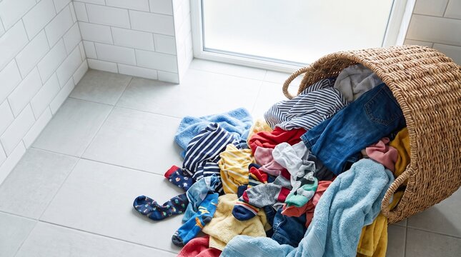 Overflowing Laundry Basket with Clothes in Home Environment