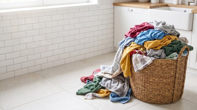 Overflowing Laundry Basket with Clothes in Home Environment