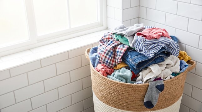 Overflowing Laundry Basket with Clothes in Home Environment