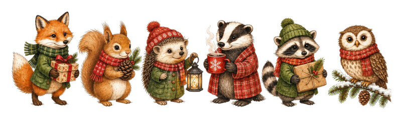 Obraz na płótnie Canvas PNG Festive woodland animals exchanging gifts, vintage Christmas illustration