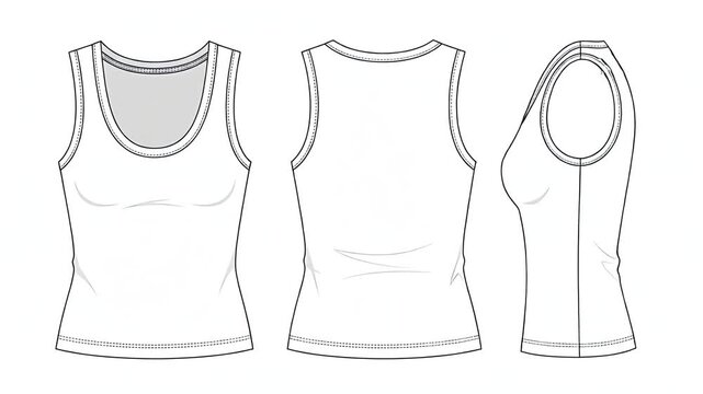Technical fashion illustration of a white women's tank top showing multiple views and stitching details.
