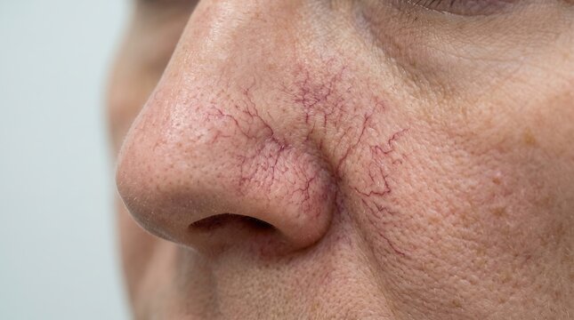 Extreme close up of telangiectasia broken capillaries and spider veins on human nose