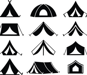 Minimalist black camping tent vector icon set featuring dome, teepee, and ridge shelters for outdoor adventure and travel logo designs. © Graphics Alamgir