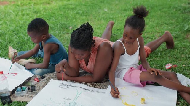 Woman lies on grass with two children all painting together. Art supplies like paintbrushes and paper are visible around them family child activity creative