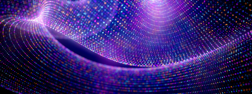 Luminous particle wave with flowing digital mesh and neon data points illustration