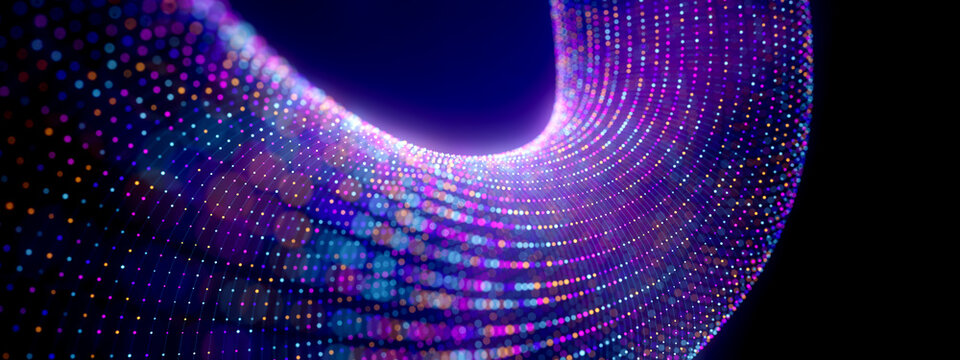 Glowing data curve with sweeping particle lines and futuristic digital surface illustration