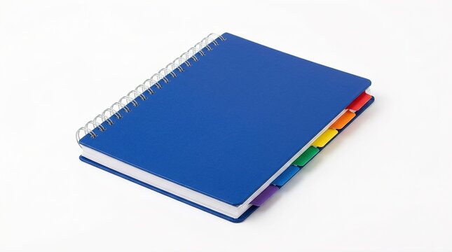 Blue Spiral Notebook with Colorful Index Tabs Isolated on White Background
