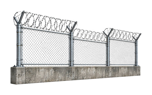 Industrial chain-link security fence on concrete barrier, PNG, transparent background