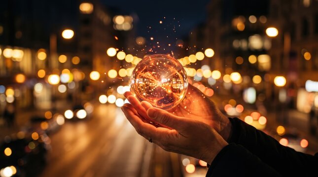 Hands holding glowing magical light orb with sparks against blurred city street night background, symbolizing innovation, technology, creativity, or holding the future in