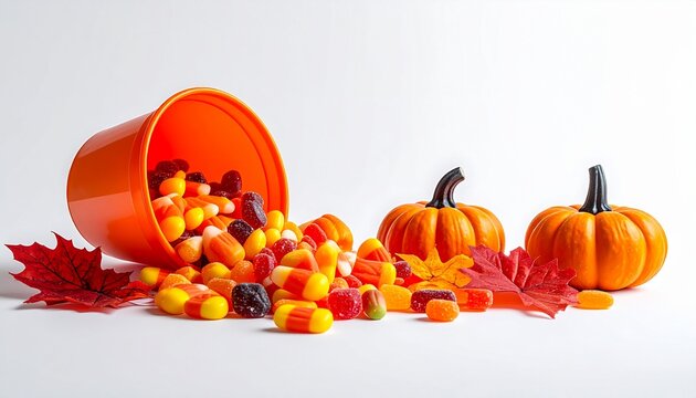 Festive Halloween Candy Corn Poured From an Orange Bucket with Decorative Pumpkins and Autumn Leaves on a White Background