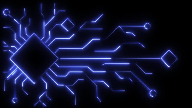 Neon Circuit Board Technology Background Animation.Artificial Intelligence Chip with Glowing Circuit Lines concept. 4k video motion graphic.