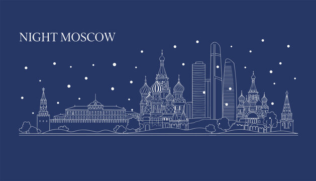 White line art of Moscow skyline featuring Saint Basil Cathedral and Kremlin under falling snow on a blue background.