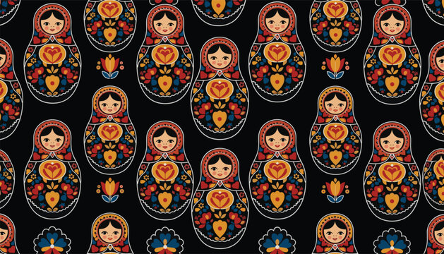 Seamless pattern of traditional Russian nesting dolls decorated with red and yellow flowers on a black background.