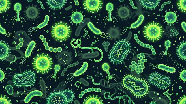 Illustration of a repeating pattern of pathogenic bacteria and viruses (inverted green cell style)