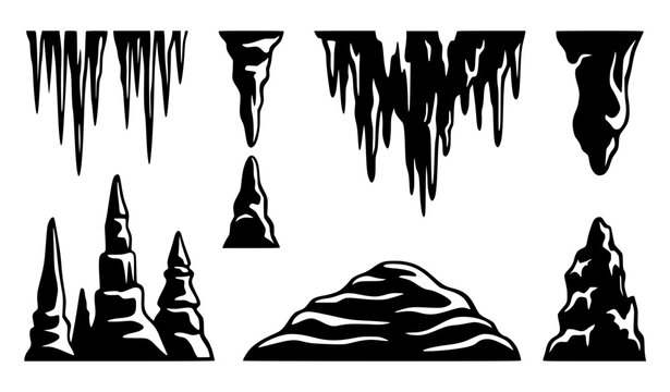 Stylized stalactite and stalagmite geological formations black white vector set