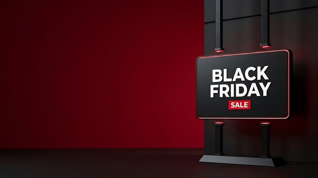 Dramatic black friday sale neon sign with dark red background and lighting