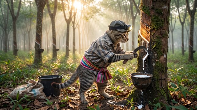 The hardest working paws in the plantation! Fully geared up with a headlamp, plaid shirt, and a colorful loincloth (Pha Kao Ma), this diligent kitty is busy tapping rubber trees as the morning sun bre
