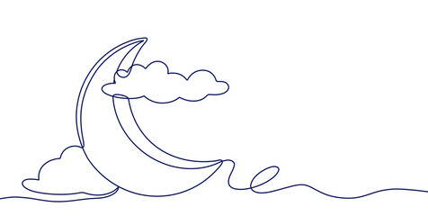 Continuous line art illustration of a crescent moon surrounded by clouds, with space for text © SasubuArt