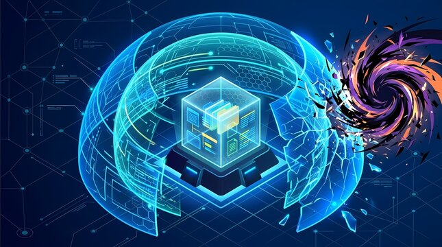 conceptual digital illustration of ransomware cyber attack breaking through a security shield - ai generated