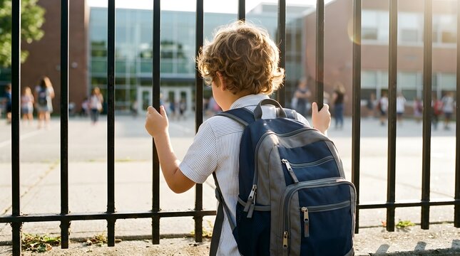 Young Schoolboy with Backpack Looking Through Metal Fence Towards School Building During Sunny Day, Concept of Back to School, Education, Longing and Childhood Memories
