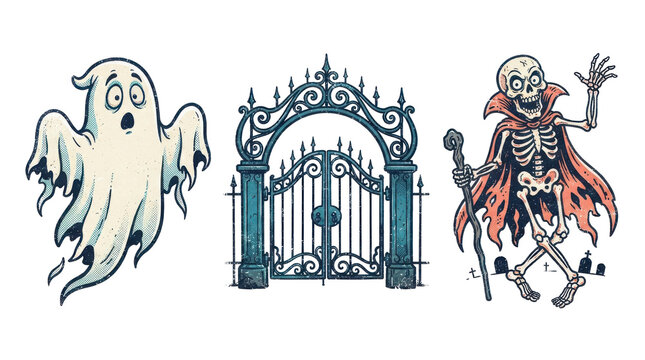 Set of halloween illustrations featuring a ghost, an ornate iron gate, and a skeleton in a cape, vintage style artwork isolated on transparent background