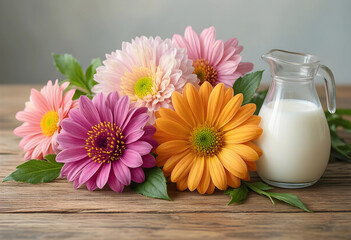 Fototapeta premium Wellness and healthy lifestyle, fresh milk in glass pitcher with colorful gerbera daisy flowers on rustic wooden table for organic nutrition