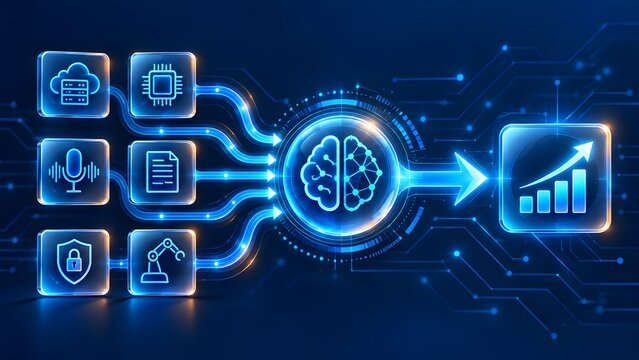 Digital brain collecting multiple data streams to generate financial growth analytics illustrating artificial intelligence business strategy