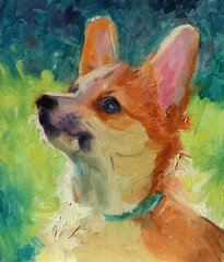 Ritratto artistico di cane Welsh Corgi Pembroke con collare verde di profilo, dipinto ad olio in stile espressionista con colori vivaci su sfondo verde © Ilarialapreziosa