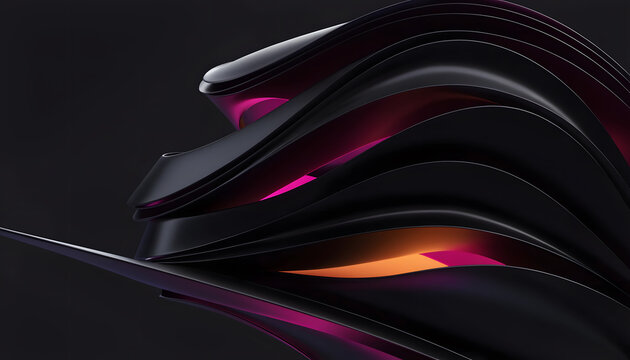 Sculptural matte black aerodynamic wings with hidden neon glow. Futuristic automotive concept and dark luxury wallpaper. Curving dark blades revealing magenta interior light