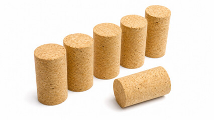 Fototapeta premium Six cylindrical natural wine corks standing and lying in a row on a generated using ai surface