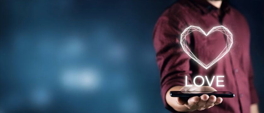 Hand holding smartphone with glowing heart icon and love text