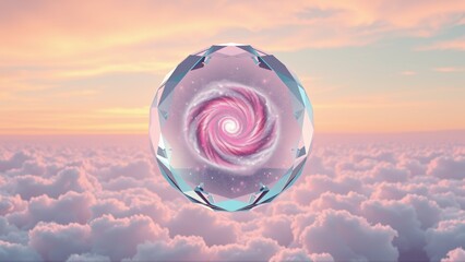 Fototapeta premium Crystal sphere contains swirling galaxy. Pink, blue hues dominate sky above clouds. Dreamlike, ethereal composition evokes wonder.