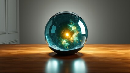 Fototapeta premium Glossy sphere rests upon wooden surface. Interior reveals vibrant nebula, cosmic energy glows brightly. Dramatic lighting creates strong contrast.