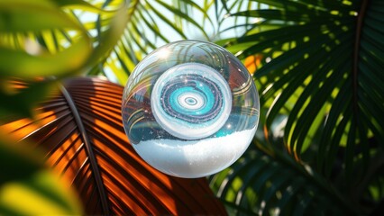 Fototapeta premium Clear sphere reflects vibrant tropical foliage, sky. Light plays across surface, creating interesting visual effect. Lush greenery surrounds orb.