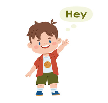 A cheerful boy waves his hand and says hello. A cute child character is greeting. A concept for teaching polite social interaction. Cartoon boy with a hey speech bubble