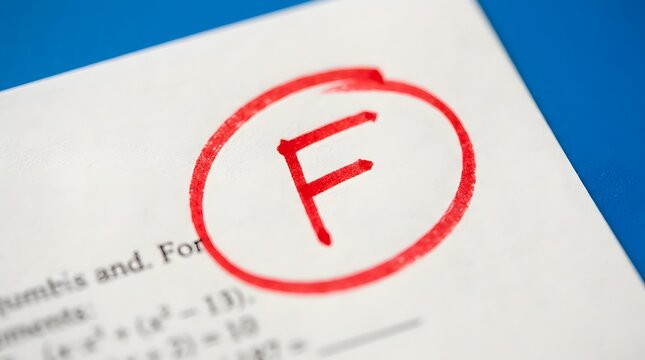 Close up of a failing grade letter F written in red ink and circled on a white school exam paper with mathematical equations, representing academic failure, low test results, and poor performance.