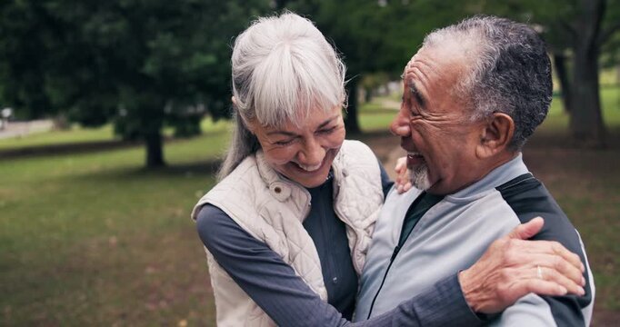 Happy, exercise and selfie of old couple at park for workout, flex muscle or laugh on social media. Senior man, woman and together outdoor for retirement, post picture and interracial relationship