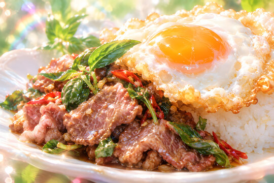 Pad krapow beef stir fried with holy basil and crispy fried egg over rice in sunny outdoor garden setting