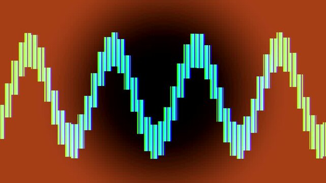 Neon blue digital audio waveform equalizer bars on a dark orange