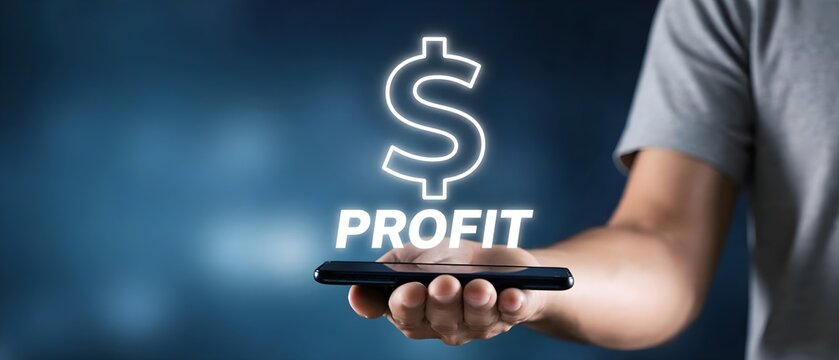 Hand holding smartphone with glowing dollar sign and profit text