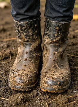 Captures Close View Of Pair Muddy Boots Black With Numerous Spikes Protruding From Soles Designed To Provide Traction In Slippery