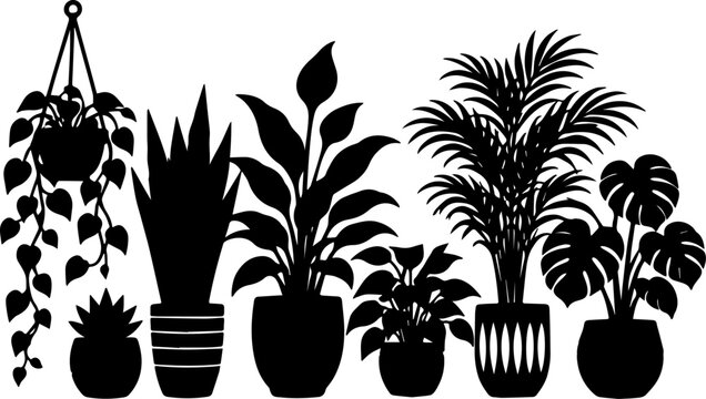 Set of Potted Indoor Plant Silhouettes Black Minimalist Vector Illustration of Various Houseplants on White Background