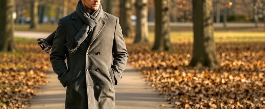 Captures Middle Aged Man Walking On Path In Park Autumn Dressed Dark Tailored Double Breasted Coat With High Collar Style Often
